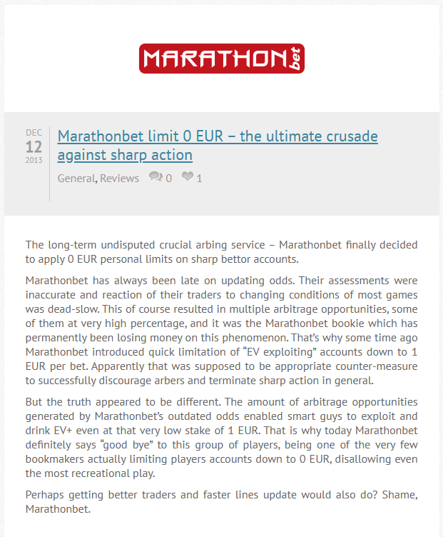 Wpis „Marathonbet limit 0 EUR – the ultimate crusade against sharp action” z 12 grudnia 2013 na blogu Surebet Monitora